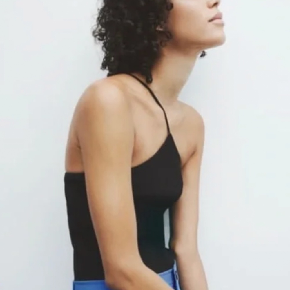 Zara Black Asymmetrical One Shoulder Ribbed Tank Top Size Small